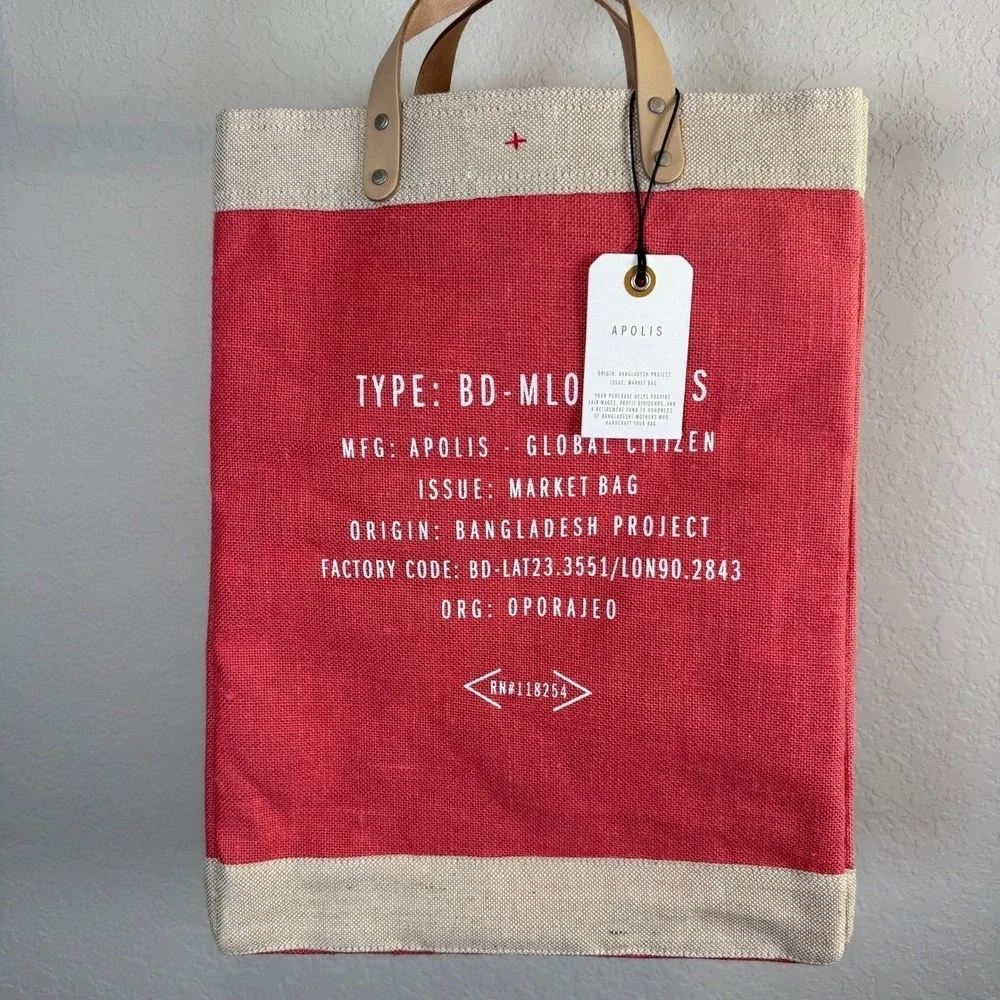 Apolis Red Jute Market Bag Apparently I Like Mahjong Leather Handle Tote NWT